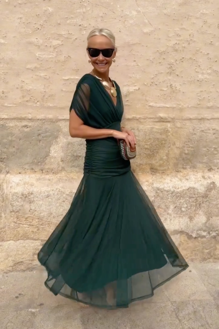 Damen Elegantes V-Ausschnitt Maxi Kleid | Fließendes Zeremonienkleid für Hochzeiten