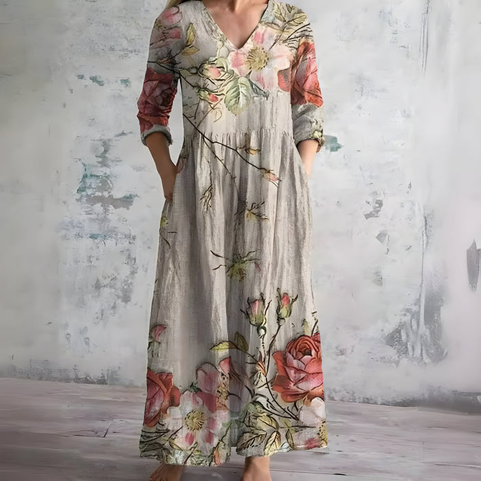 Damen Fließendes Blumenmuster Maxikleid | Romantisches V-Ausschnitt Sommerkleid