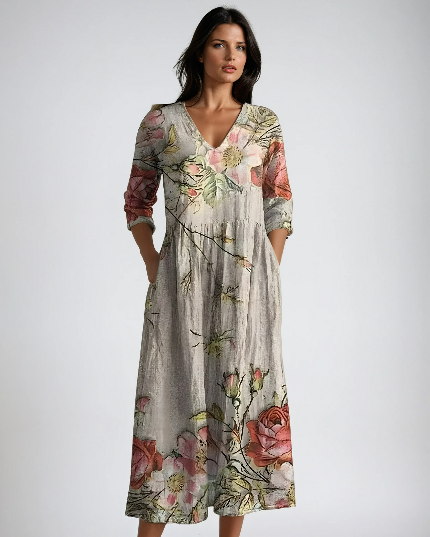 Damen Fließendes Blumenmuster Maxikleid | Romantisches V-Ausschnitt Sommerkleid 1
