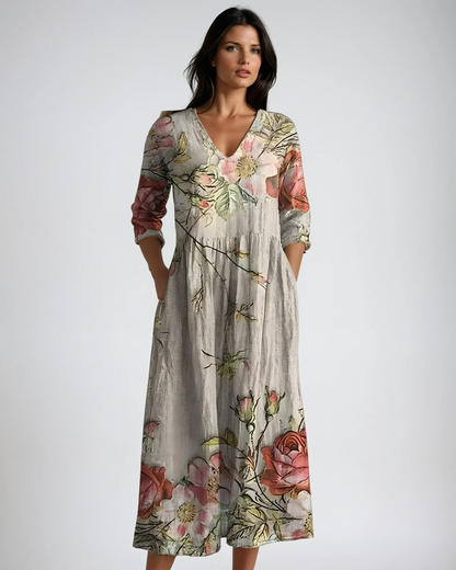 Damen Fließendes Blumenmuster Maxikleid | Romantisches V-Ausschnitt Sommerkleid 1