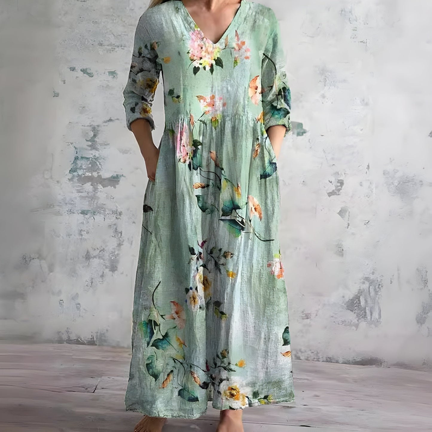 Damen Fließendes Blumenmuster Maxikleid | Romantisches V-Ausschnitt Sommerkleid 2