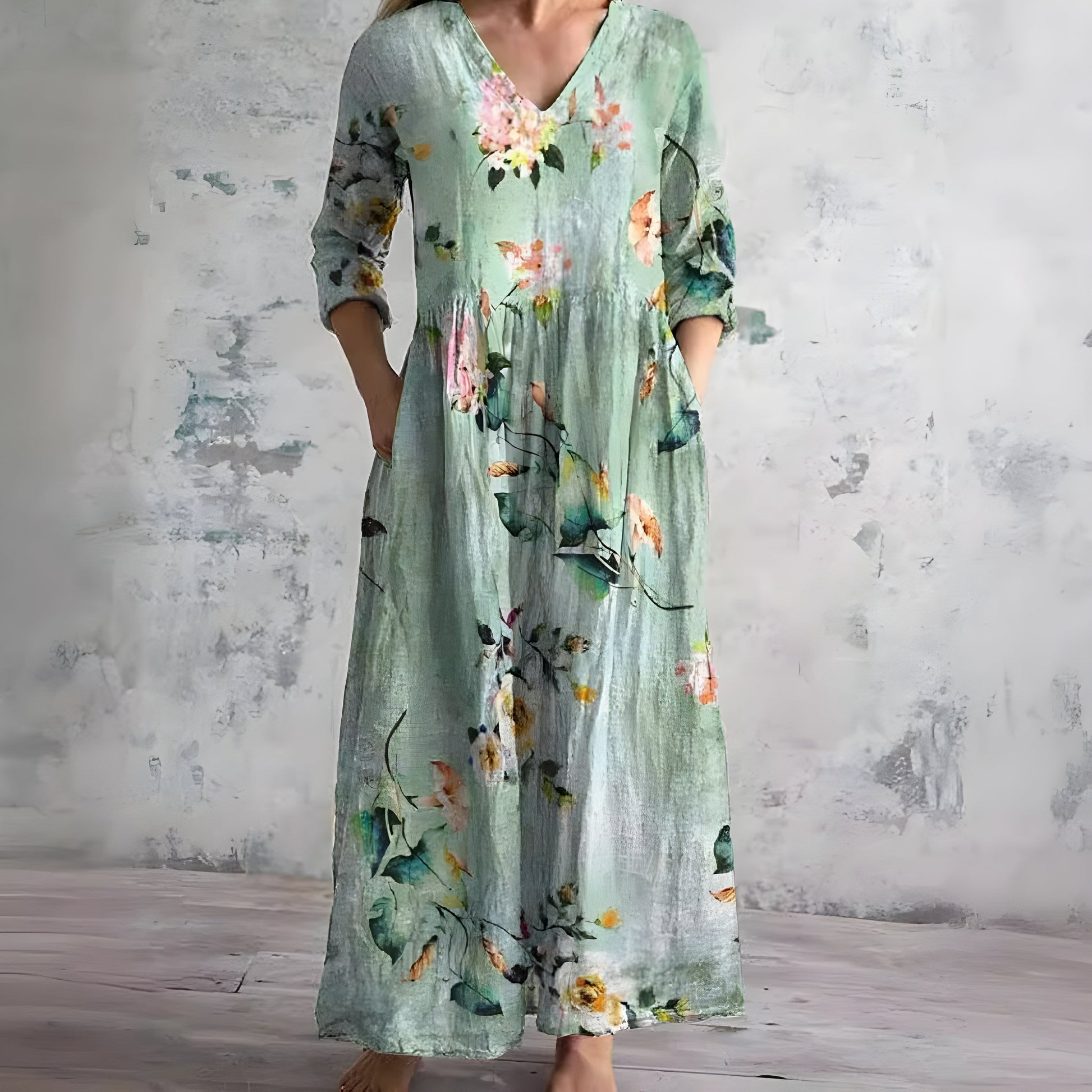 Damen Fließendes Blumenmuster Maxikleid | Romantisches V-Ausschnitt Sommerkleid 2