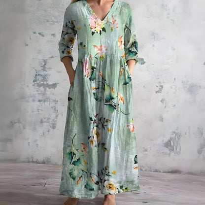 Damen Fließendes Blumenmuster Maxikleid | Romantisches V-Ausschnitt Sommerkleid 2