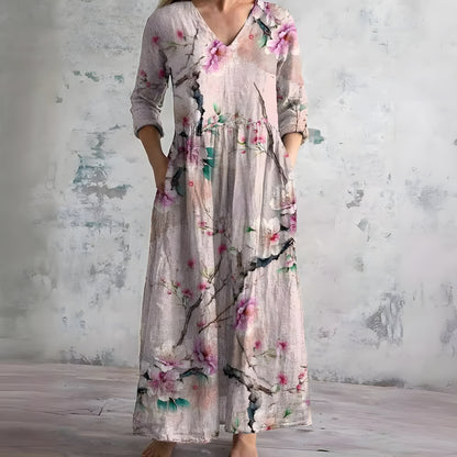 Damen Fließendes Blumenmuster Maxikleid | Romantisches V-Ausschnitt Sommerkleid 3