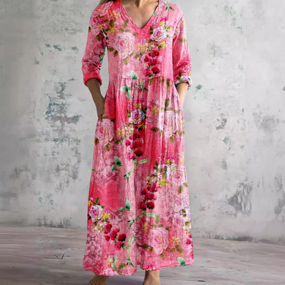 Damen Fließendes Blumenmuster Maxikleid | Romantisches V-Ausschnitt Sommerkleid 5