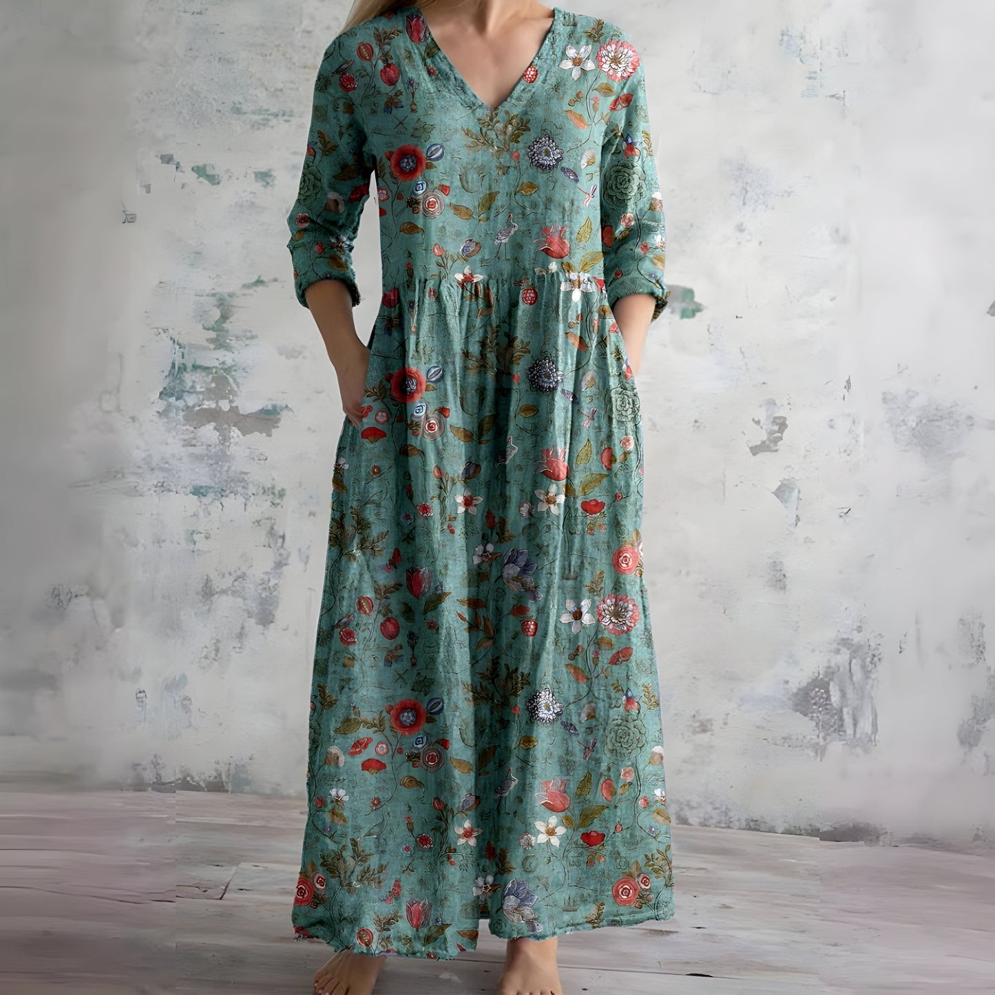 Damen Fließendes Blumenmuster Maxikleid | Romantisches V-Ausschnitt Sommerkleid 8