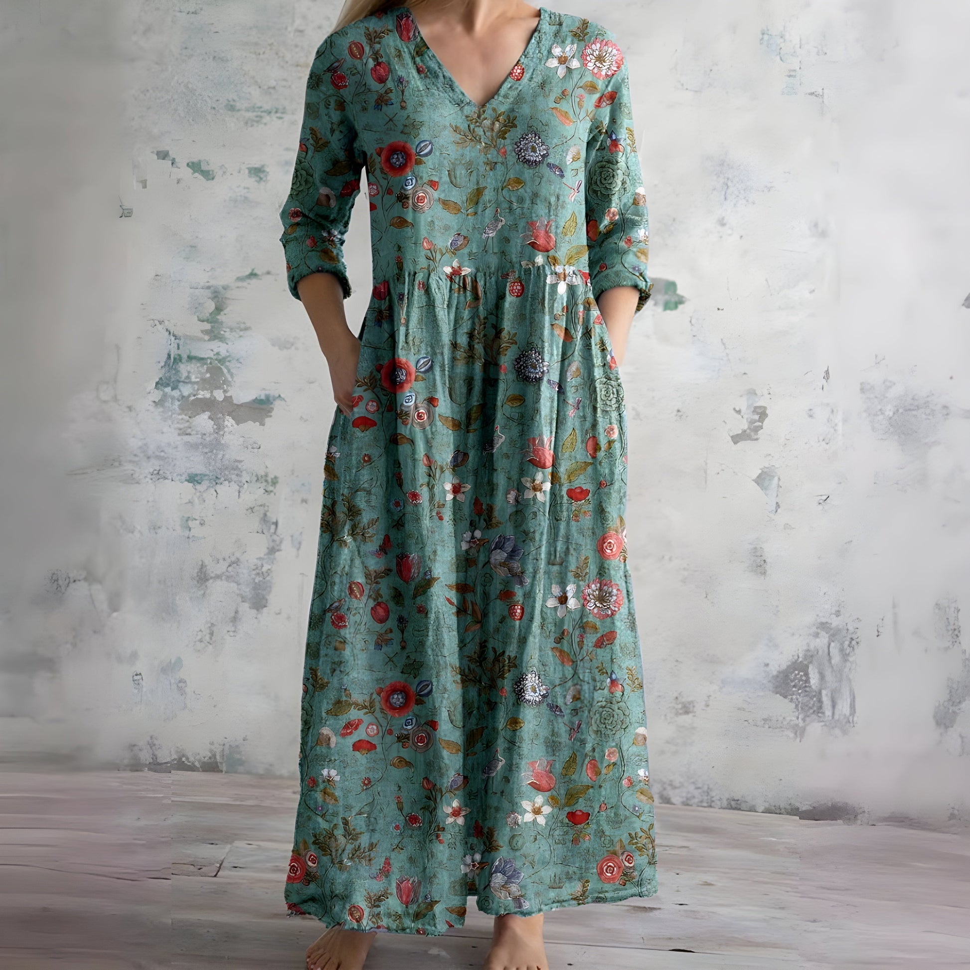 Damen Fließendes Blumenmuster Maxikleid | Romantisches V-Ausschnitt Sommerkleid 8