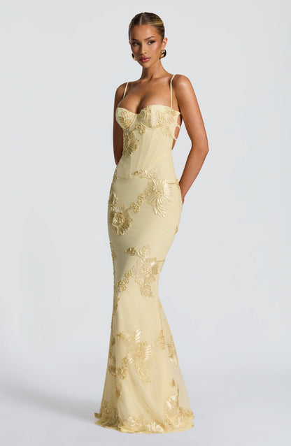 Damen Floral Jacquard Korsett Maxikleid | Elegantes Romantisches Abendkleid 2