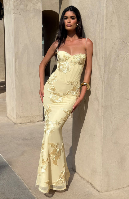 Damen Floral Jacquard Korsett Maxikleid | Elegantes Romantisches Abendkleid 7