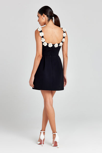 Damen Floral Mini Kleid | Elegantes A-Linien Sommerkleid mit 3D-Blumenapplikationen 3