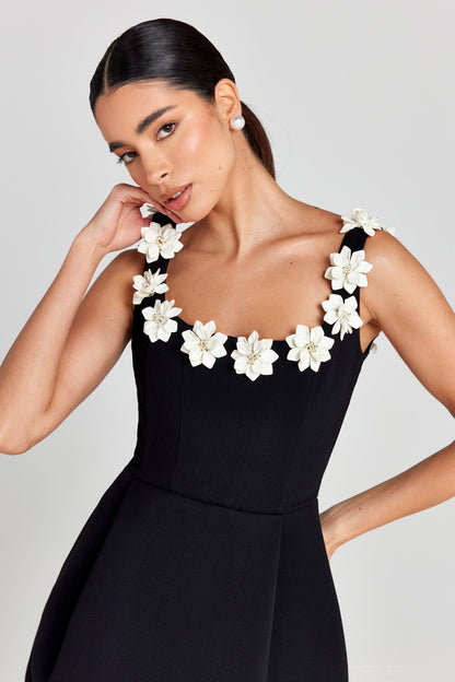 Damen Floral Mini Kleid | Elegantes A-Linien Sommerkleid mit 3D-Blumenapplikationen 4