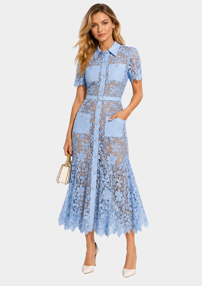 Damen Floral Spitze Midi Kleid | Elegantes Kurzärmeliges Festliches Kleid für Hochzeitsgäste