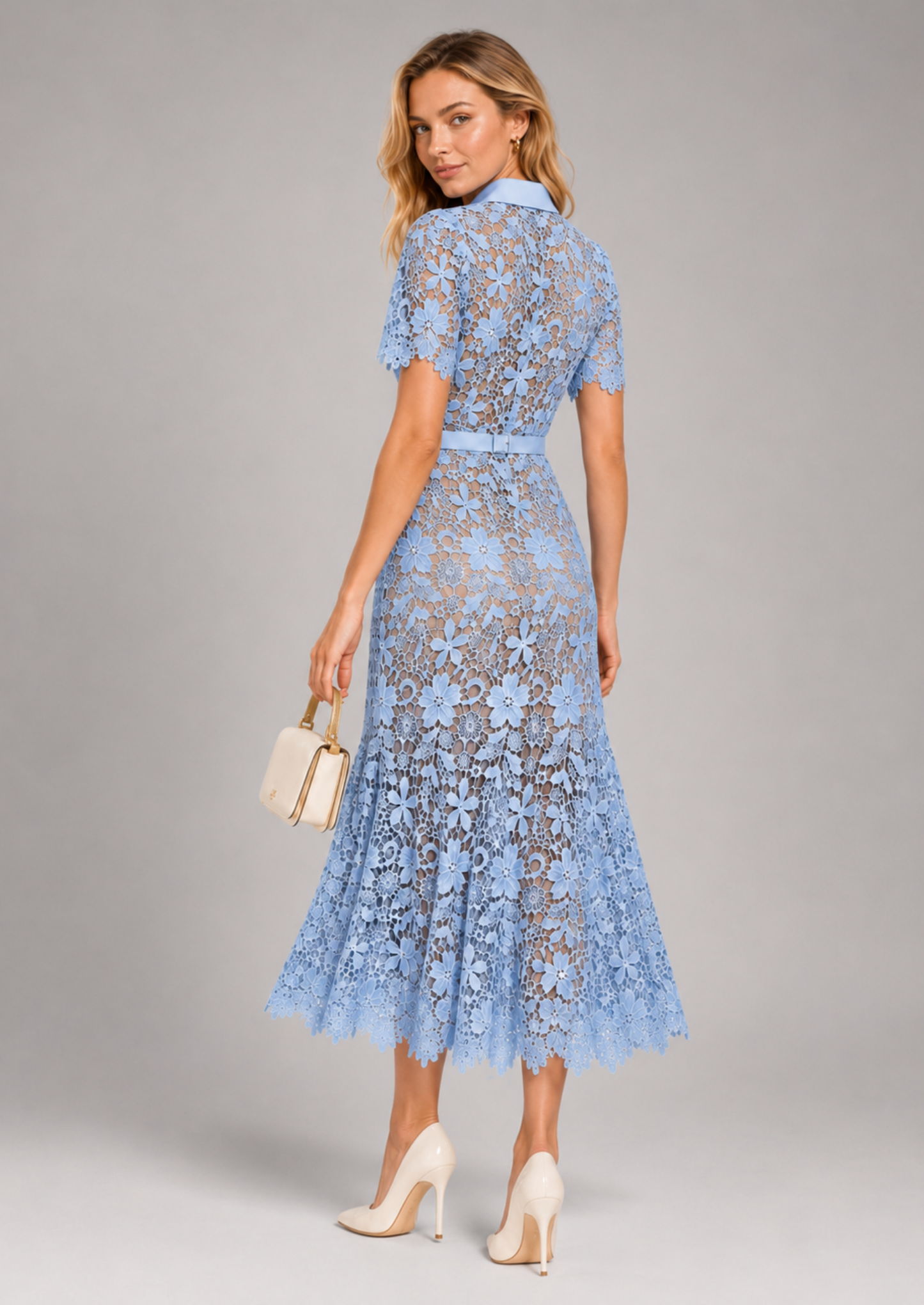 Damen Floral Spitze Midi Kleid | Elegantes Kurzärmeliges Festliches Kleid für Hochzeitsgäste