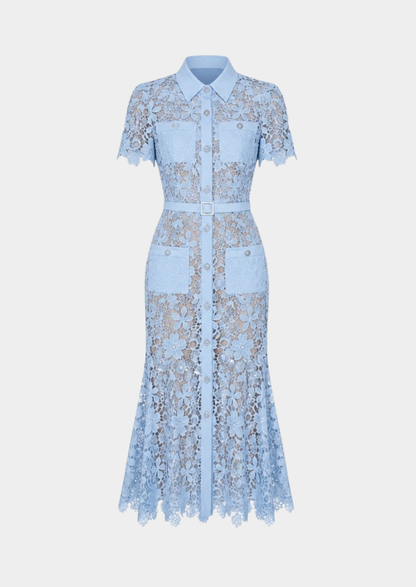 Damen Floral Spitze Midi Kleid | Elegantes Kurzärmeliges Festliches Kleid für Hochzeitsgäste