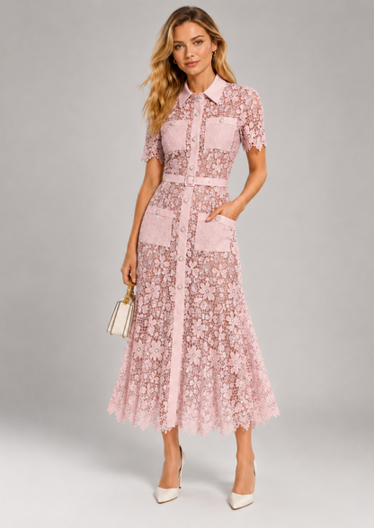Damen Floral Spitze Midi Kleid | Elegantes Kurzärmeliges Festliches Kleid für Hochzeitsgäste