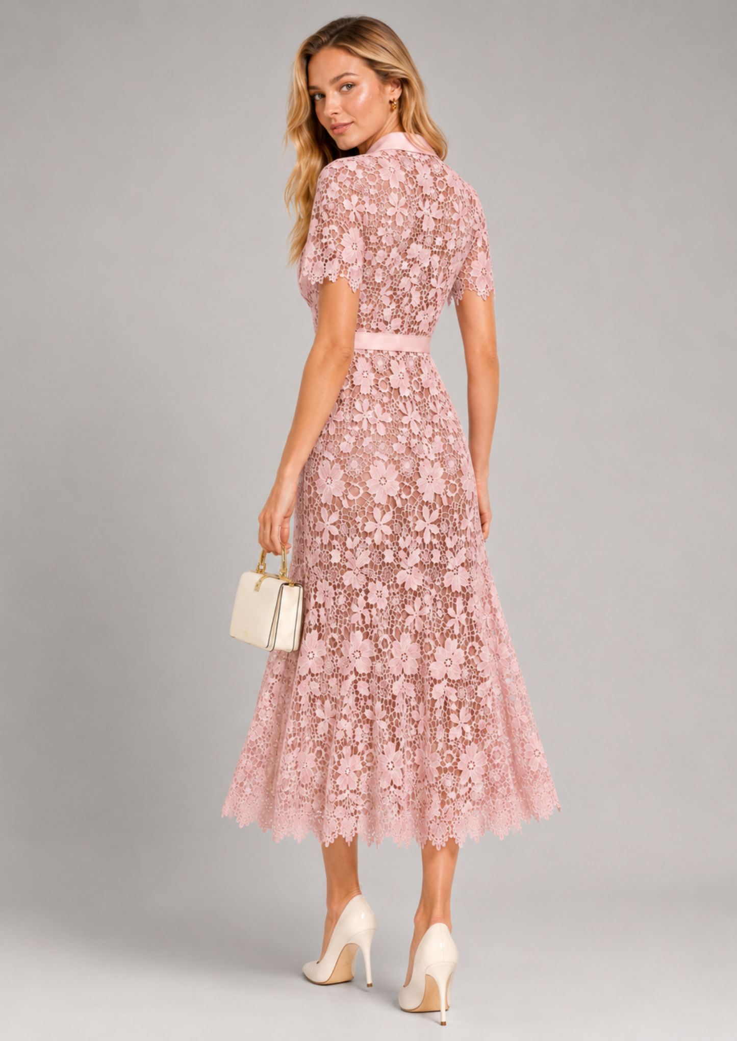 Damen Floral Spitze Midi Kleid | Elegantes Kurzärmeliges Festliches Kleid für Hochzeitsgäste