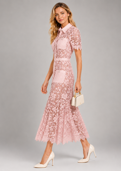 Damen Floral Spitze Midi Kleid | Elegantes Kurzärmeliges Festliches Kleid für Hochzeitsgäste