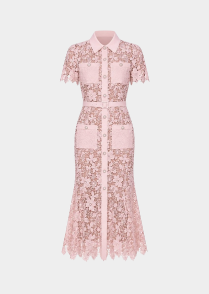 Damen Floral Spitze Midi Kleid | Elegantes Kurzärmeliges Festliches Kleid für Hochzeitsgäste
