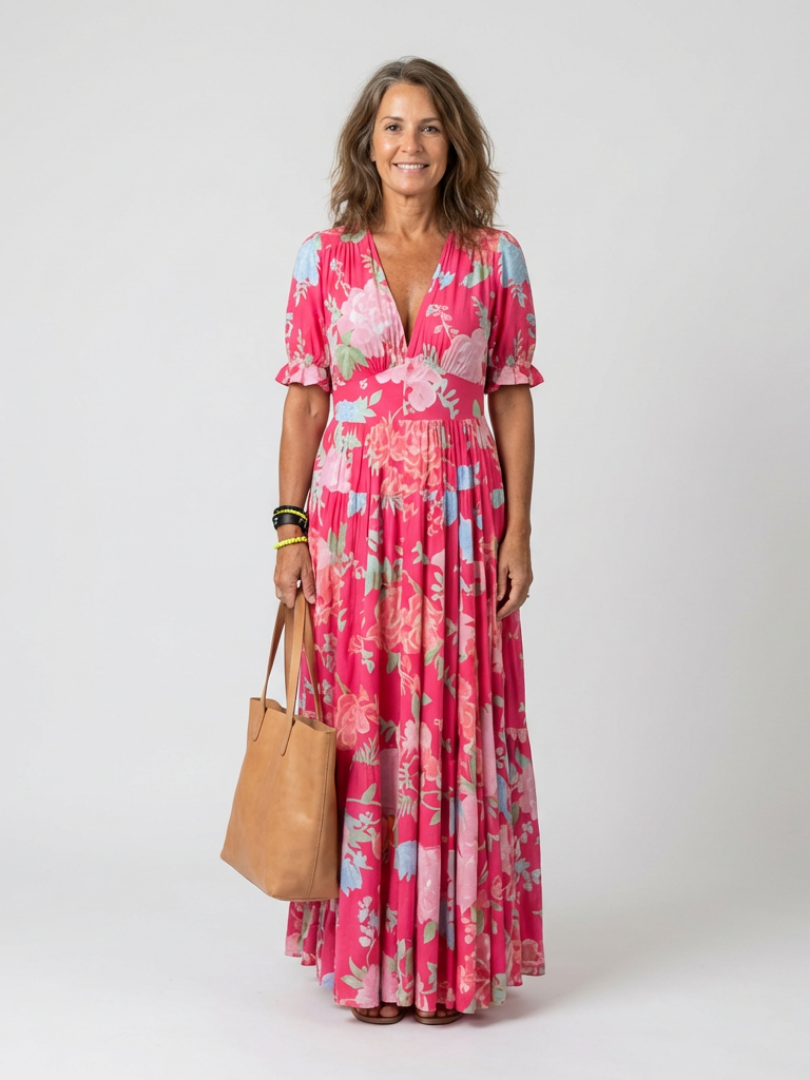 Damen Floral V-Ausschnitt Midi-Kleid | Elegantes Sommerkleid mit Flatterärmeln