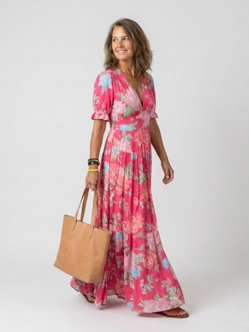 Damen Floral V-Ausschnitt Midi-Kleid | Elegantes Sommerkleid mit Flatterärmeln