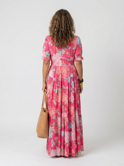 Damen Floral V-Ausschnitt Midi-Kleid | Elegantes Sommerkleid mit Flatterärmeln