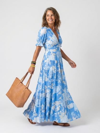 Damen Floral V-Ausschnitt Midi-Kleid | Elegantes Sommerkleid mit Flatterärmeln
