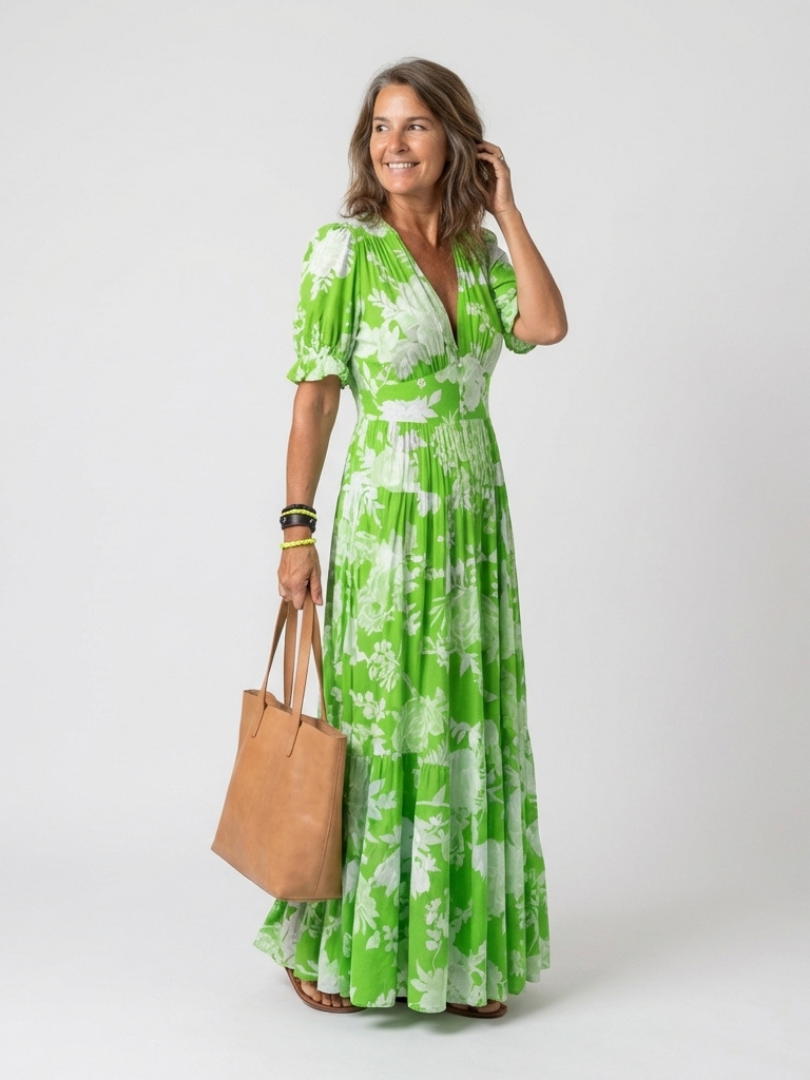 Damen Floral V-Ausschnitt Midi-Kleid | Elegantes Sommerkleid mit Flatterärmeln