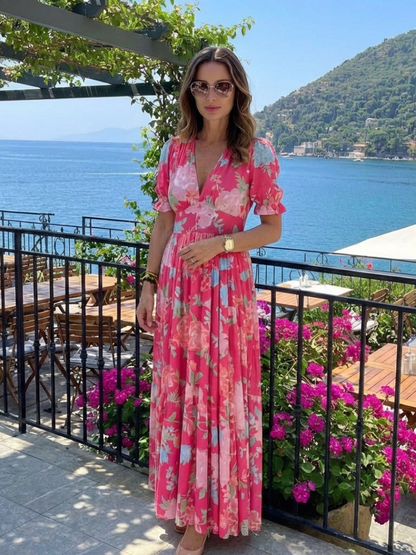 Damen Floral V-Ausschnitt Midi-Kleid | Elegantes Sommerkleid mit Flatterärmeln
