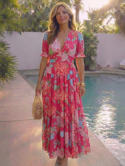 Damen Floral V-Ausschnitt Midi-Kleid | Elegantes Sommerkleid mit Flatterärmeln