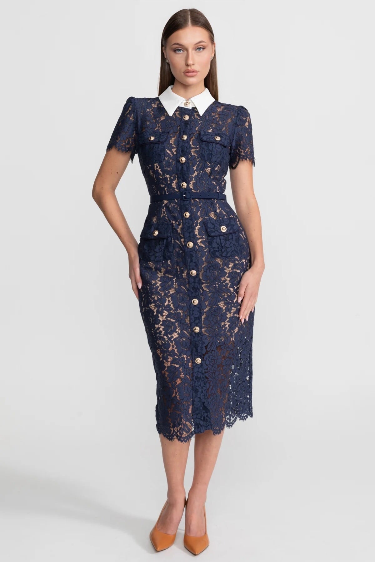 Damen Florales Spitzen Midikleid | Elegantes Hochzeitsgast Kleid mit Gürtel 0