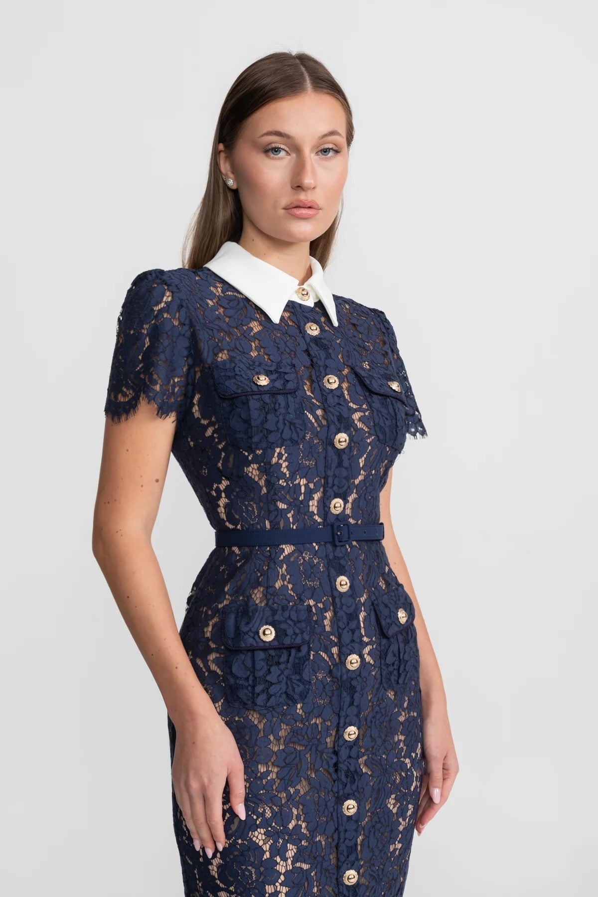 Damen Florales Spitzen Midikleid | Elegantes Hochzeitsgast Kleid mit Gürtel 2