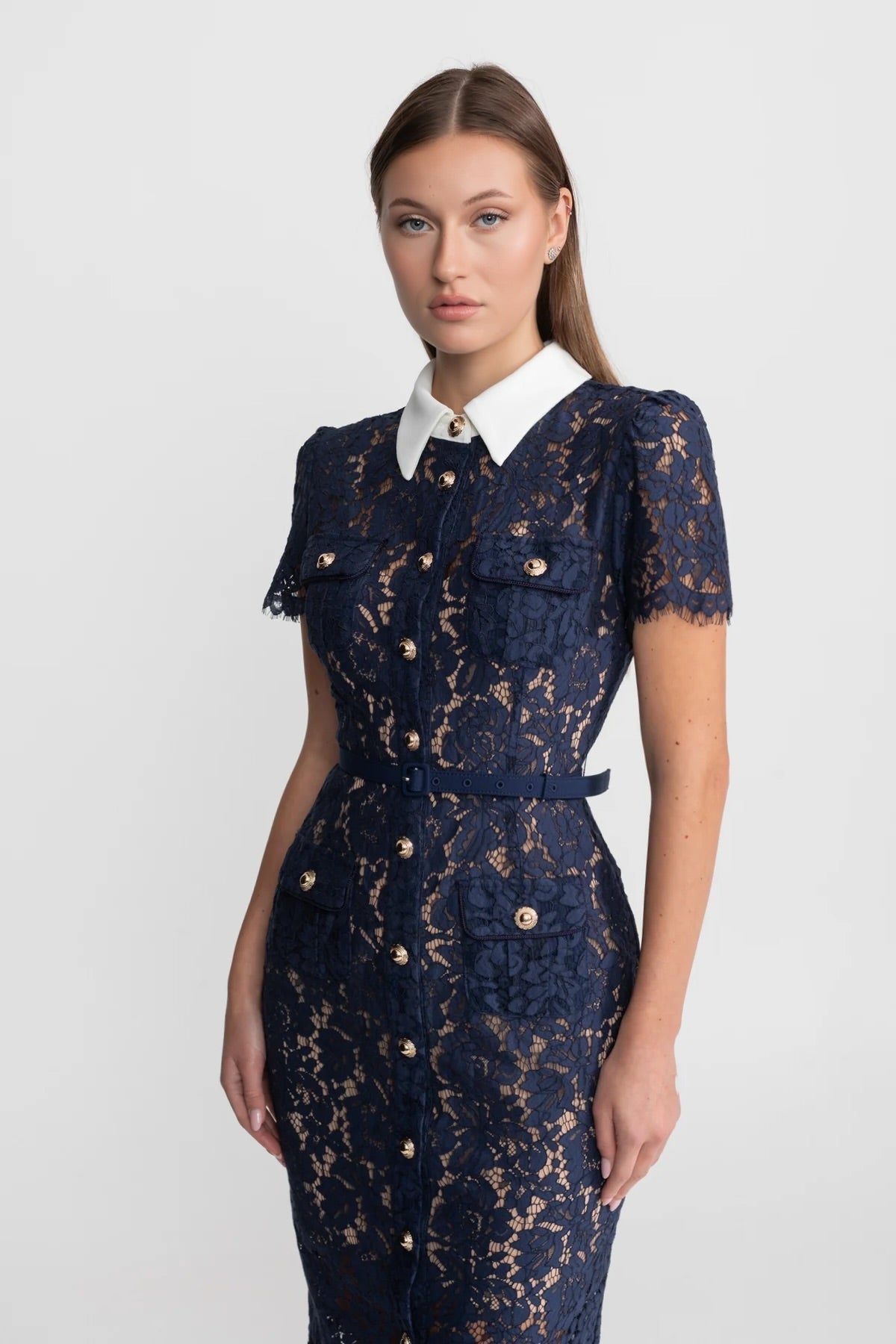 Damen Florales Spitzen Midikleid | Elegantes Hochzeitsgast Kleid mit Gürtel 4