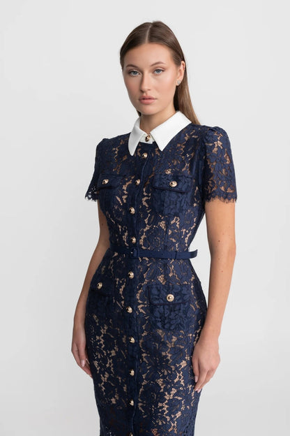 Damen Florales Spitzen Midikleid | Elegantes Hochzeitsgast Kleid mit Gürtel 4