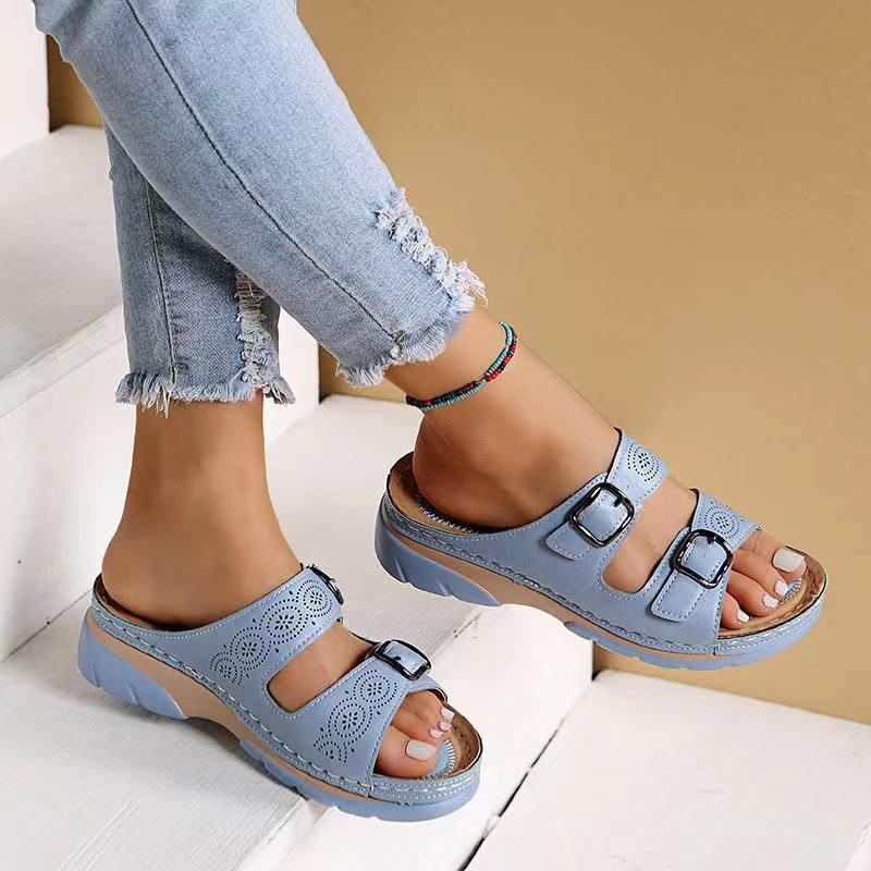 Damen Gepolsterte Slip-On Sandalen | Bequeme Plateau Sommerschuhe mit Doppelschnalle