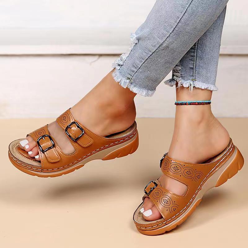 Damen Gepolsterte Slip-On Sandalen | Bequeme Plateau Sommerschuhe mit Doppelschnalle