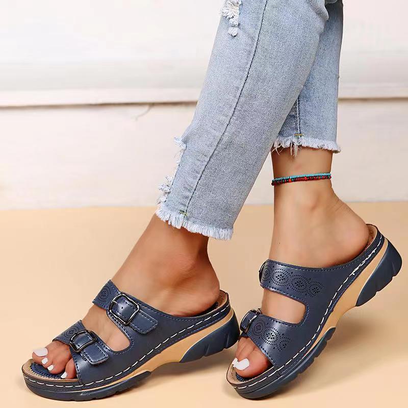 Damen Gepolsterte Slip-On Sandalen | Bequeme Plateau Sommerschuhe mit Doppelschnalle