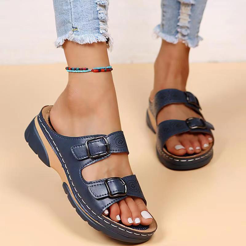 Damen Gepolsterte Slip-On Sandalen | Bequeme Plateau Sommerschuhe mit Doppelschnalle