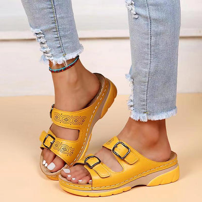 Damen Gepolsterte Slip-On Sandalen | Bequeme Plateau Sommerschuhe mit Doppelschnalle