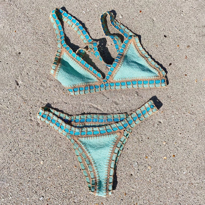 Damen Häkel Bikini | Sexy Push-Up Badeanzug mit Niedriger Taille | Stilvoller Sommer-Bademode