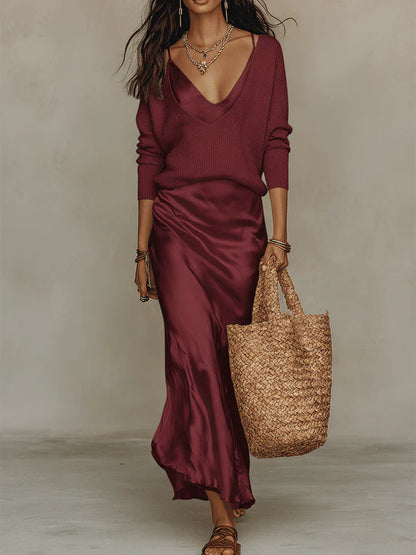 Damen Hochglänzendes Satin Midi Set | Elegantes Fließendes Outfit mit Strickpullover