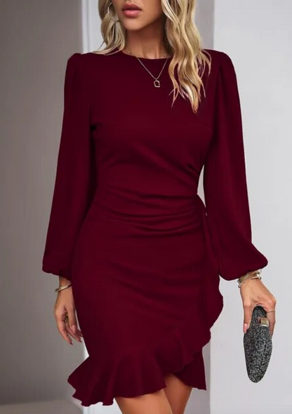 Damen Hochwertiges Gerafftes Bodycon Kleid | Elegantes Langarm Kleid mit Asymmetrischem Saum