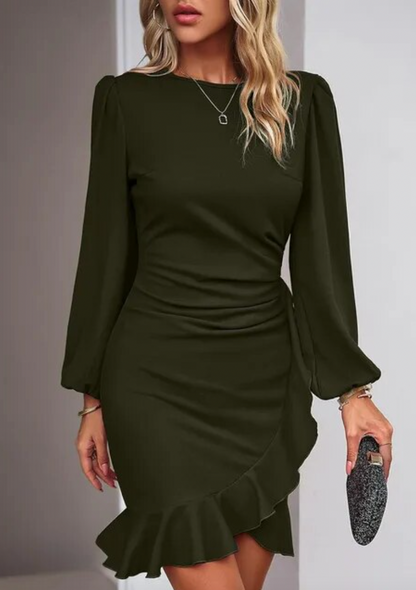 Damen Hochwertiges Gerafftes Bodycon Kleid | Elegantes Langarm Kleid mit Asymmetrischem Saum