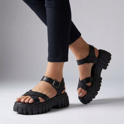 Damen Kunstleder Plateau Sandalen | Modische Klobige Sommerschuhe mit Verstellbarem Knöchelriemen