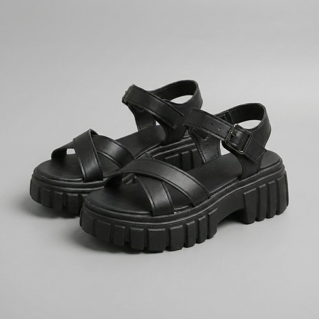 Damen Kunstleder Plateau Sandalen | Modische Klobige Sommerschuhe mit Verstellbarem Knöchelriemen