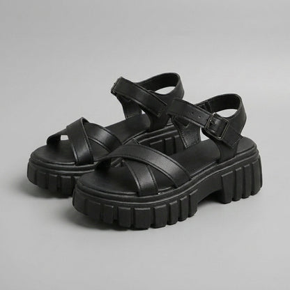 Damen Kunstleder Plateau Sandalen | Modische Klobige Sommerschuhe mit Verstellbarem Knöchelriemen