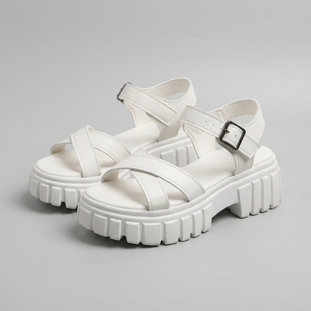 Damen Kunstleder Plateau Sandalen | Modische Klobige Sommerschuhe mit Verstellbarem Knöchelriemen