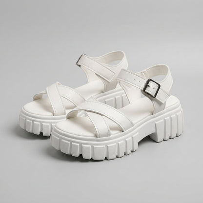 Damen Kunstleder Plateau Sandalen | Modische Klobige Sommerschuhe mit Verstellbarem Knöchelriemen