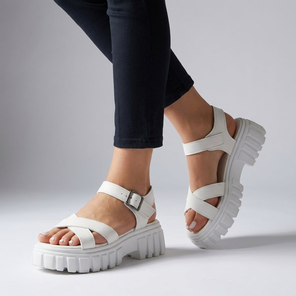 Damen Kunstleder Plateau Sandalen | Modische Klobige Sommerschuhe mit Verstellbarem Knöchelriemen