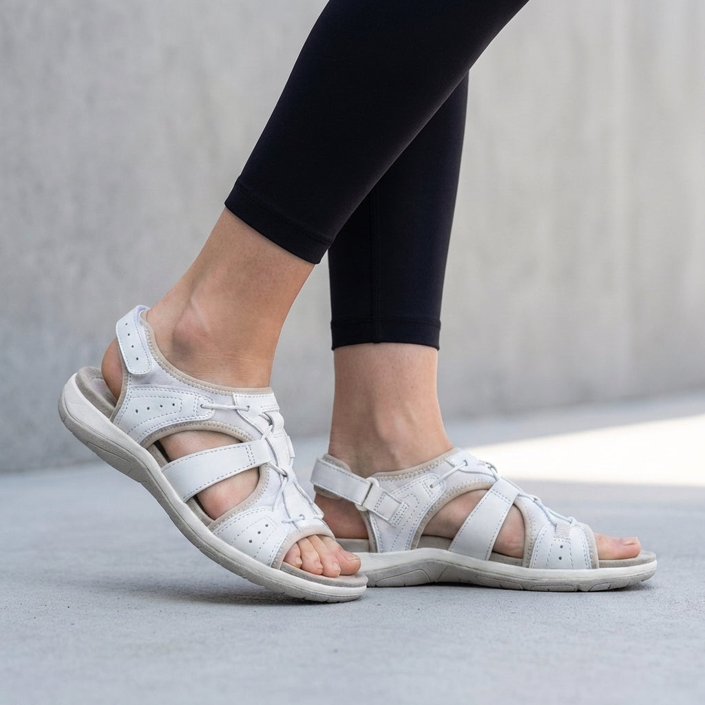 Damen Leder Sandalen | Orthopädische Sommerschuhe mit Verstellbaren Riemen und Ergonomischem Fußbett