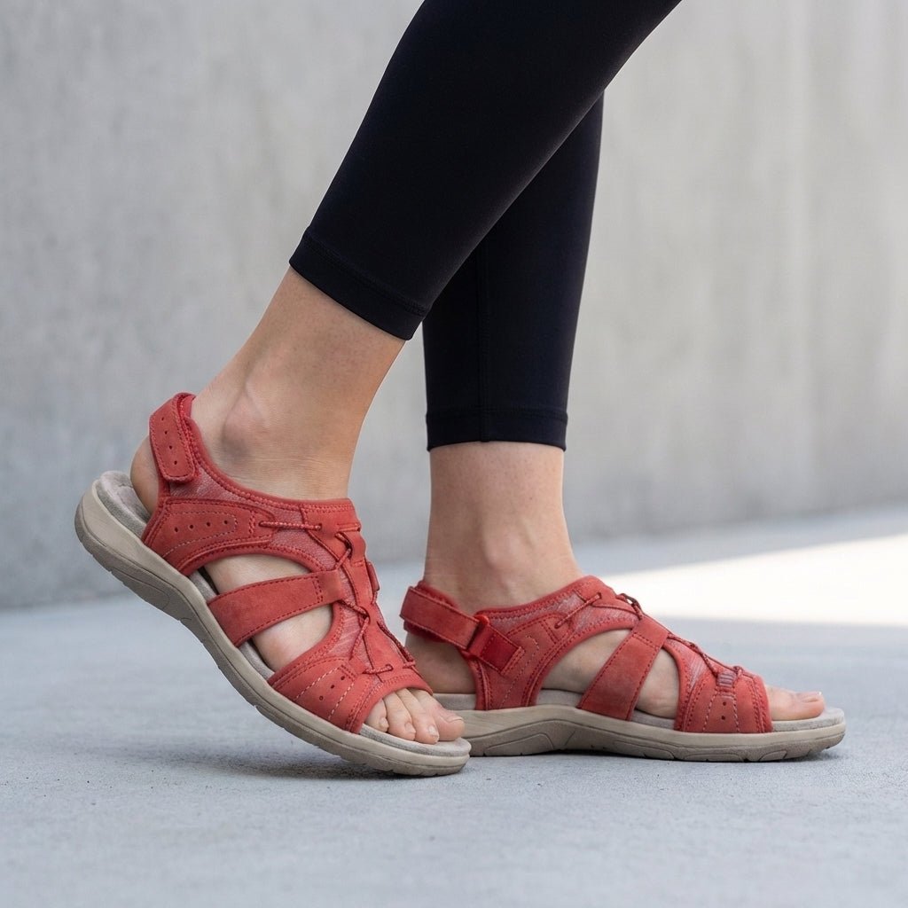 Damen Leder Sandalen | Orthopädische Sommerschuhe mit Verstellbaren Riemen und Ergonomischem Fußbett